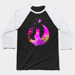 Hot Pink Holographic Rainbow Cat On A Mandala Moon With Butterflies: Hippie Vibe Baseball T-Shirt